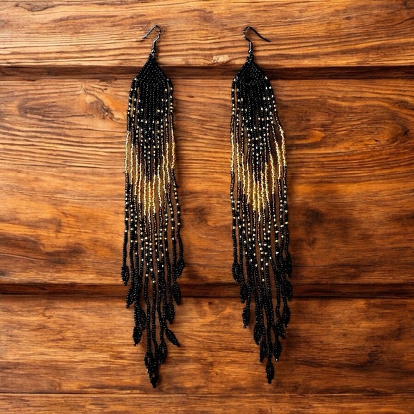 Sexy Dramatic Black and Gold Glass Beaded Fringe Earrings Handmade - Picture 1 of 16